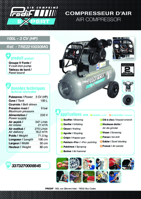 42 - Nettoyeur Haute Pression, Aspirateur, compresseurs, outils pneumatique - Compresseurs - Compresseur monophasé 100 L 9 Bar 3 CV