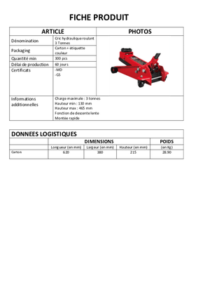 23 - Equipement atelier - Divers - Cric hydraulique 3 tonnes