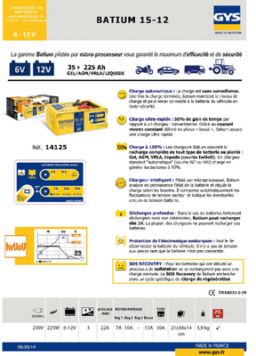05 - Batterie et accessoires - Chargeurs - Chargeur électronique BATIUM 15 - 12