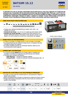 05 - Batterie et accessoires - Chargeurs - Chargeur électronique BATIUM 15 - 12